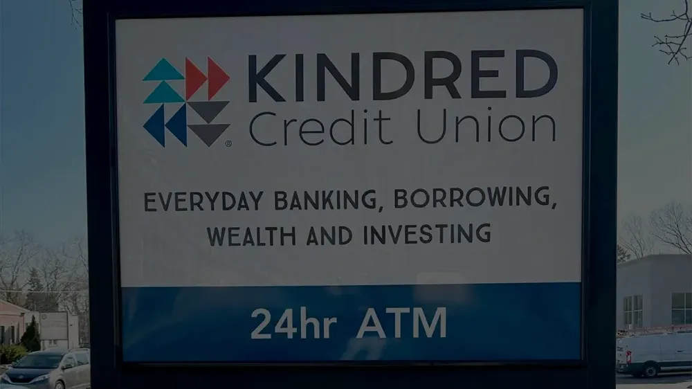 Kindred Credit Union pillar sign design and installation by McBain Signs and Graphic Design