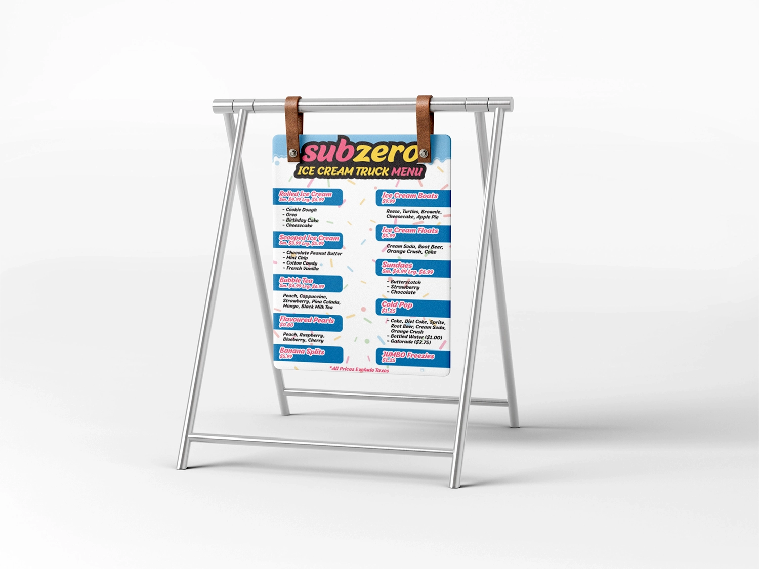 Hanging Menu Banner | Subzero Rolled Ice Cream Branding by McBain Signs and Graphic Design