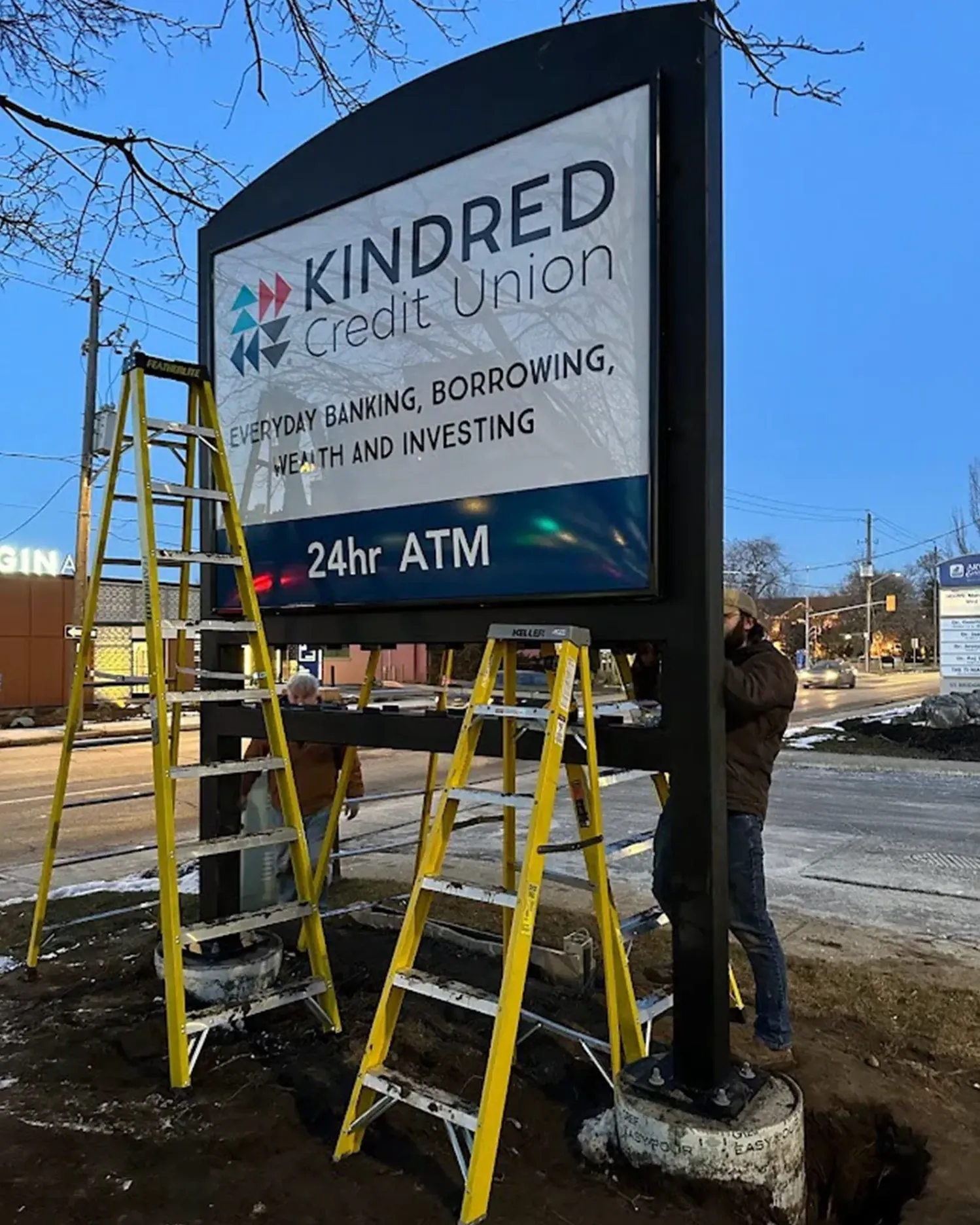 Installation | Kindred Credit Union Pylon Sign by McBain Signs